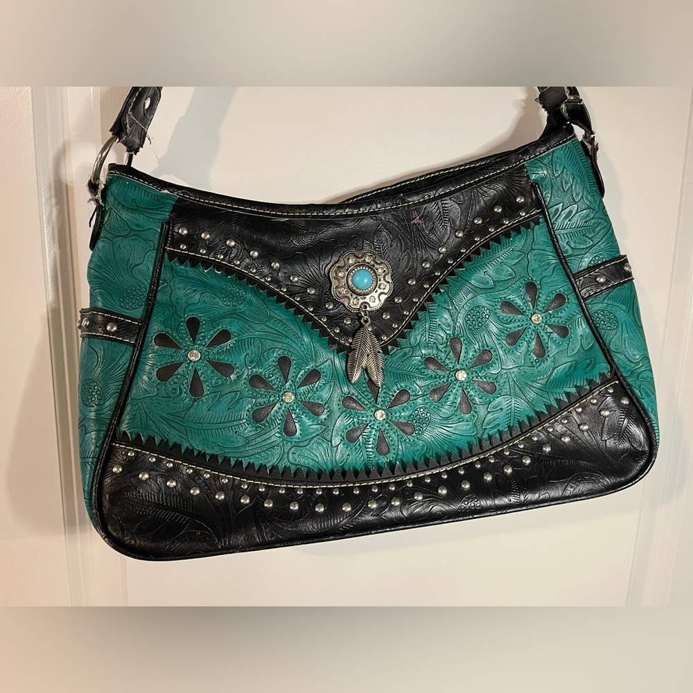 Tooled Leather Laser Cut Purse Feather Country Western Handbag Shoulder Bag - Picture 4 of 16